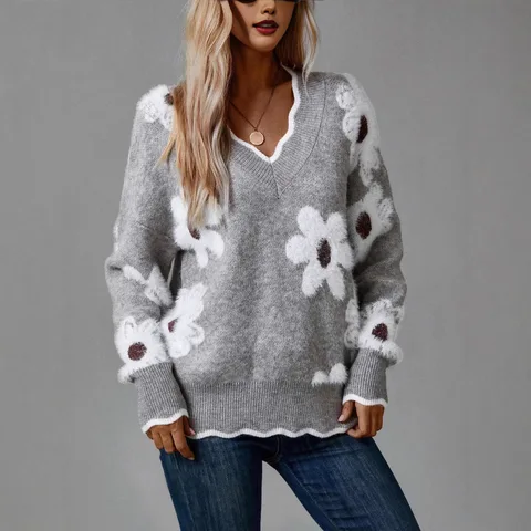 Джерси Invierno Mujer Damen Kleidung, осень-зима, универсальный свободный свитер, женский вязаный жаккардовый пуловер с v-образным вырезом и цветочным узором