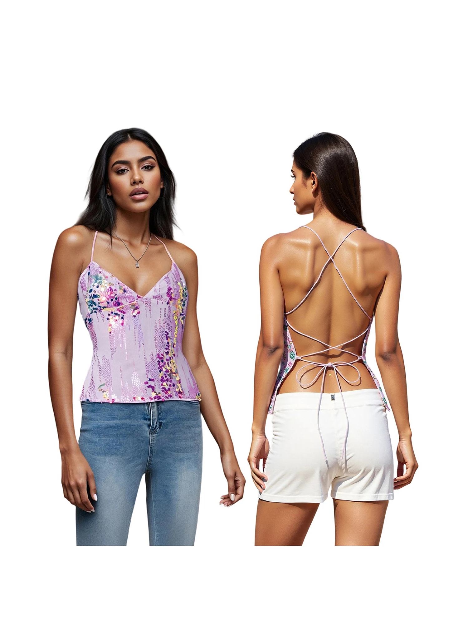 

Women s Sparkly Sequin Crop Tops Sexy V Neck Glitter Sleeveless Camisole Shiny Party Clubwear Tank Top Blouse
