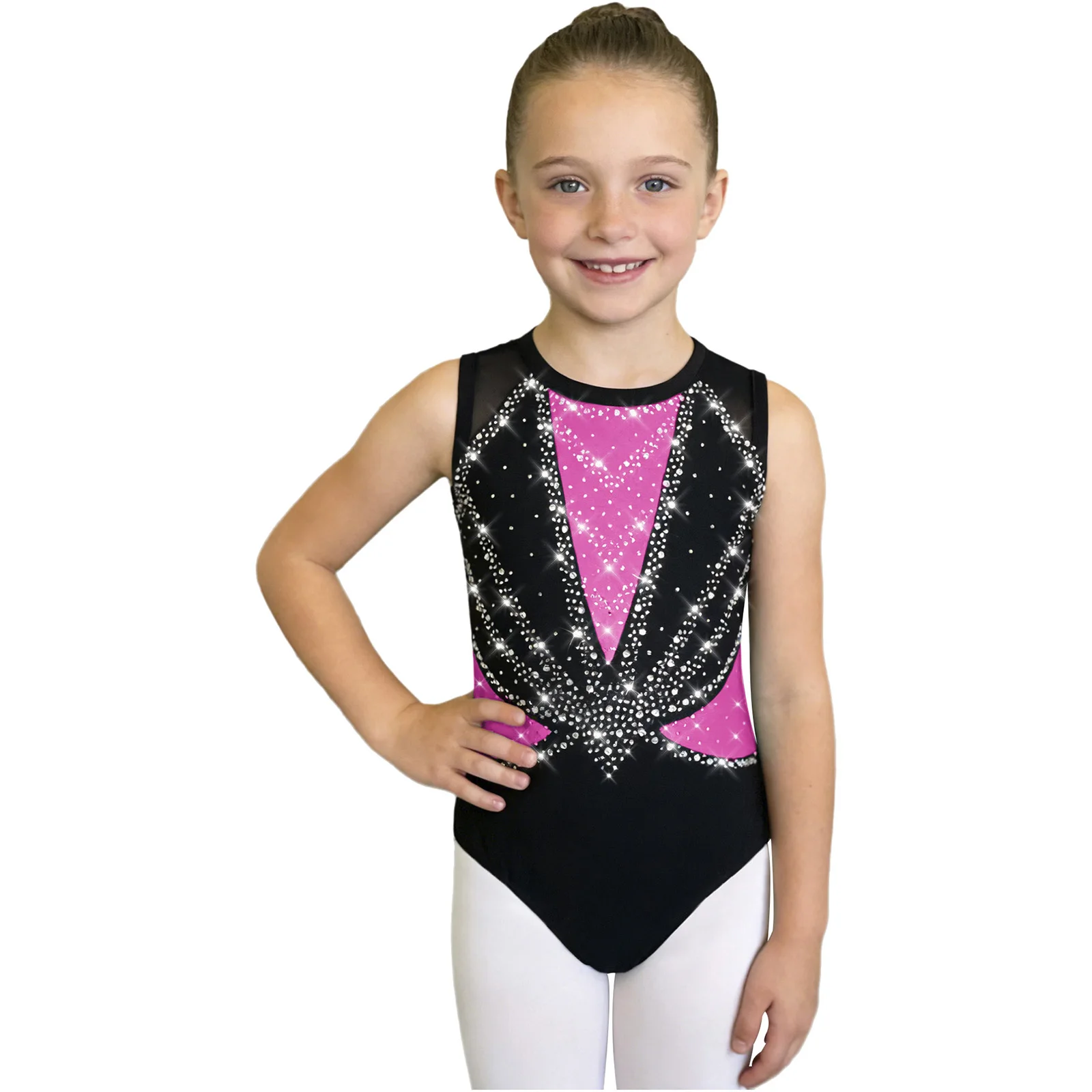 Kids Girls Dance Gymnastics Leotard Round Neck Sleeveless Crisscross Back Shiny Rhinestones Color Block Performance Dance Wear image 3