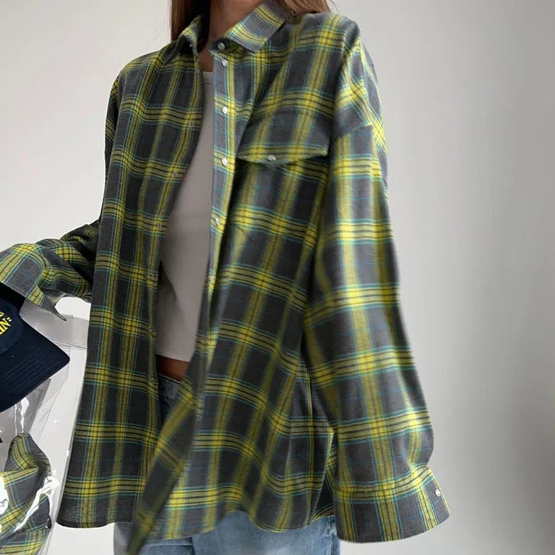 Oversized Plaid Shirt Autumn Winter Women Vintage Long Sleeve Fashion Loose Lapel Pocket Shirt Fit Blouse Korean Style