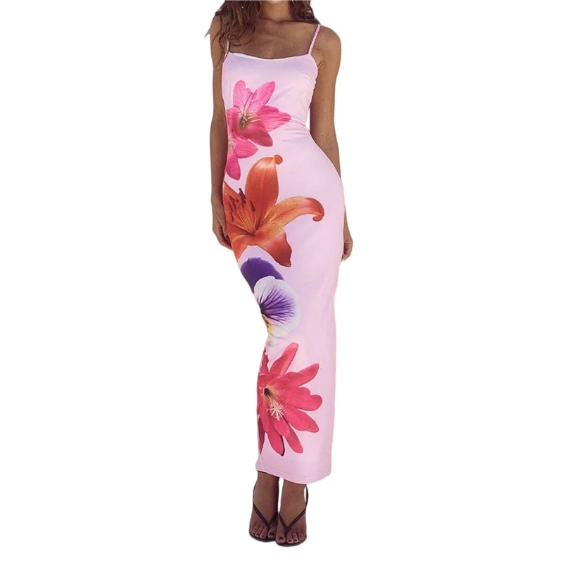 ใหม่-สตรีชุดMaxiดอกไม้ฤดูร้อน 2025 สปาเก็ตตี้สายคล้องคอBodyconตาข่ายBeach Dresses