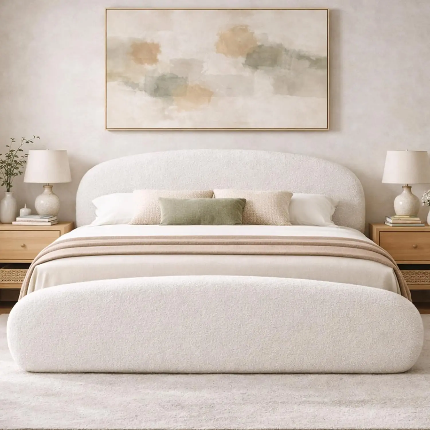 Bouclé Storage Bed with Side-Lift Frame Curved Headboard Footboard Removable Cover No Box Spring Needed, Customized