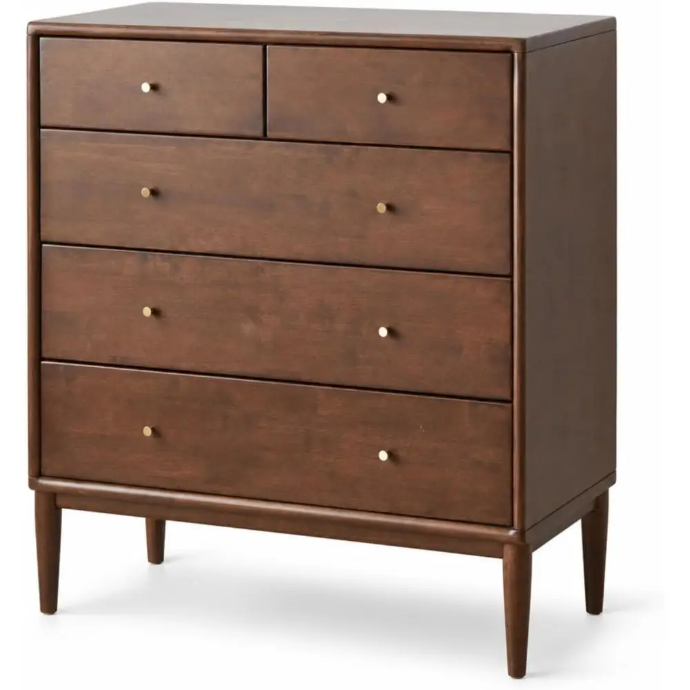 

Solid Wood Nightstand with 5 Drawers, Tall Walnut Storage Organizer for Bedroom or Living Room
