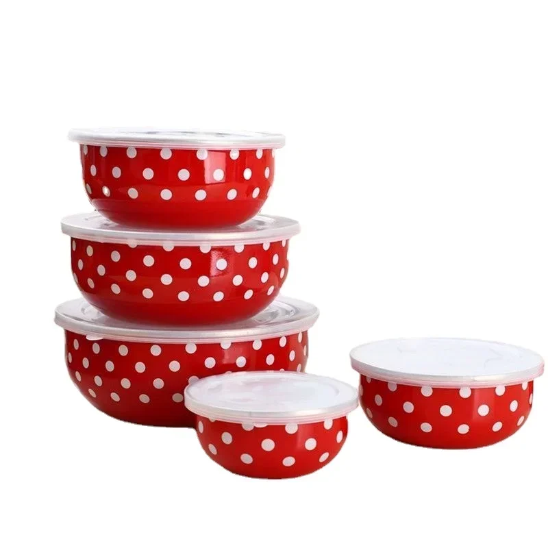 5Pcs/ enamel bowl Set Creative Flower Animal Enamel Bowls Salad Food Bowls with Plastic Covers for Home Kitchen ceramic bowl