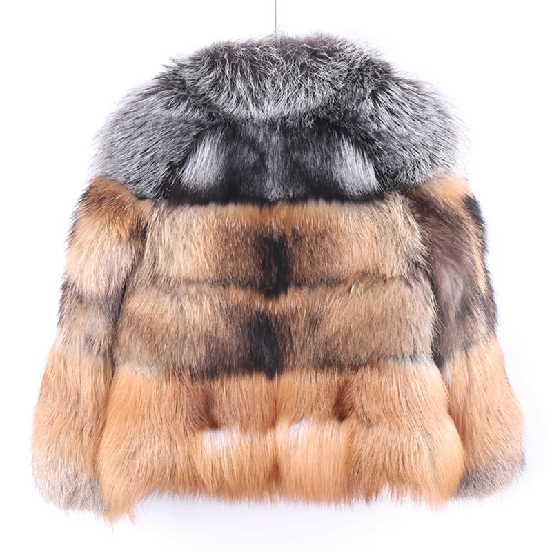 2022 New Real Fur Coat Winter Jacket Women Natural Raccoon Fur With Red Fox Fur Silver Fur Outerwear Streetwear