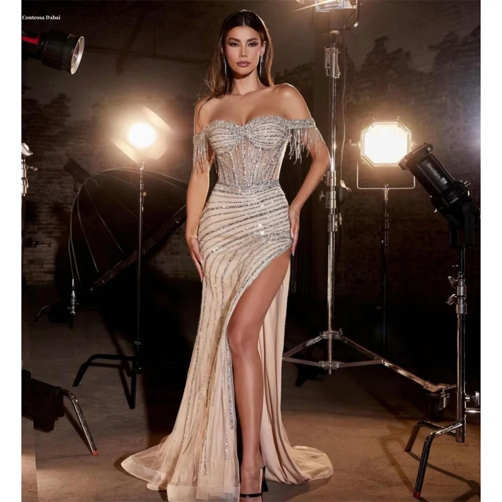 

Contessa Dubai Индивидуальные блестящие боковые платья русалки с высоким разрезом для выпускного вечера с открытыми плечами длиной до пола فساتين سهرة Сексуальное вечернее платье