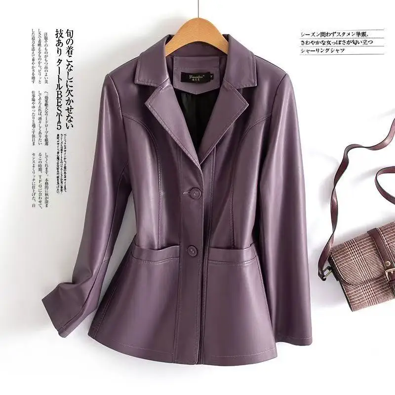 موضة جديدة لعام 2026 سترات من جلد الغنم للنساء معاطف قصيرة غير رسمية من الجلد الحقيقي بأكمام طويلة مغطاة بأزرار وخصر مطاطي سترات نسائية