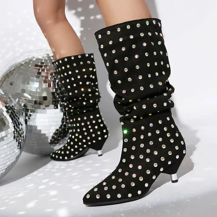 

JINXIXI Glitter Rhinestone Boots Women Elegant Black Suede Size 46 Pointed Toe Stiletto Heels Fashion Baggy Party Dress Boots