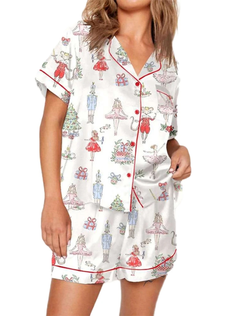 Women Cute Pajamas Sets Two Piece Outfit Printed Button Down Shirt Shorts Matching Pjs Lounge Set