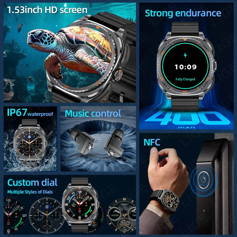 LIGE Man Women 2 In 1 Smart Watch With Earbuds NFC Smartwatch TWS Bluetooth Earphone Heart Rate Blood Oxygen Call Sports Watch