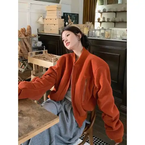 Vintage Orange Corduroy Jacka Dam Stand Collar Kappa Plisserad Höstjacka 10 best sales orange jacka för kvinnor - №9