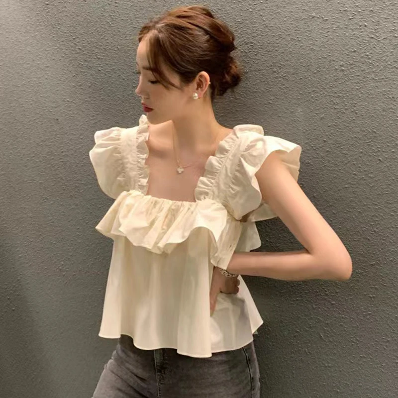 

Chic Summer Loose Women's irt Square Collar Fly Sve Lace Splicing Hollow out Bone Exposure Korean Sle Top