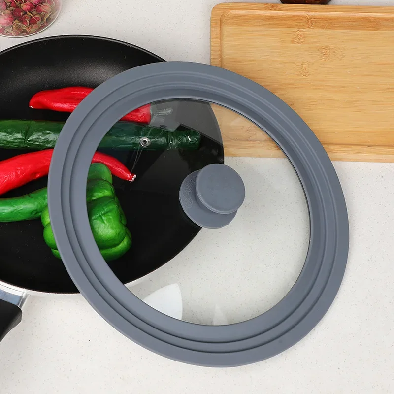 1PC Pot Lid Glass Silicone Anti-spill Pot Lid Stepped Edge Design Visual Universal Cooking Tools Household Kitchen Utensils