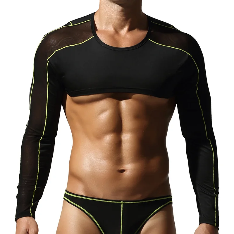 Men Mesh Patchwork Crop Long Sleeve T-shirt Quick Dry Breathable Shoulder Protector Gym Top Slim Fit Bodybuilding Training Worko