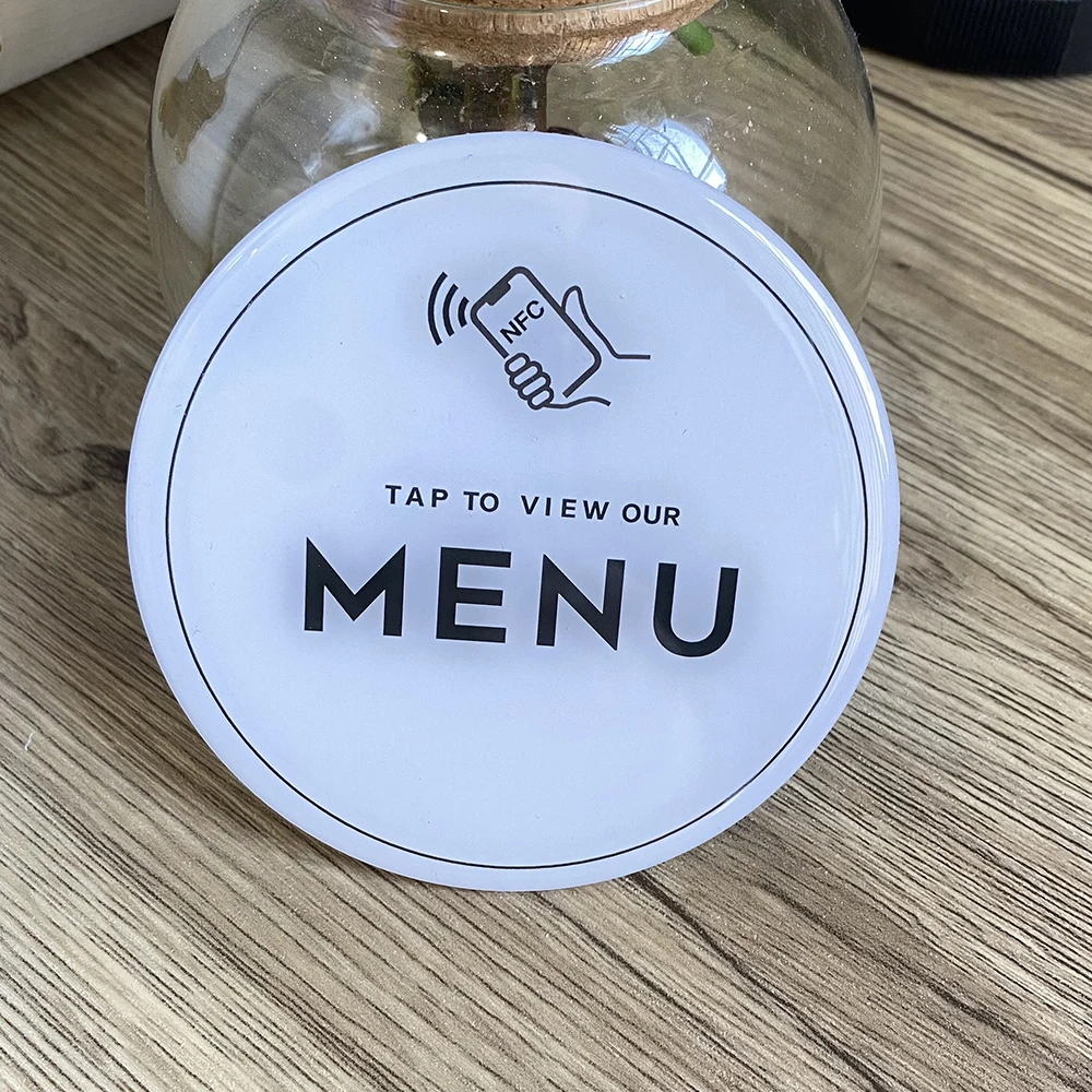 3.93inch Round Shape Black White NFC Menu Plate Sticker Quick link to your Digital Menu
