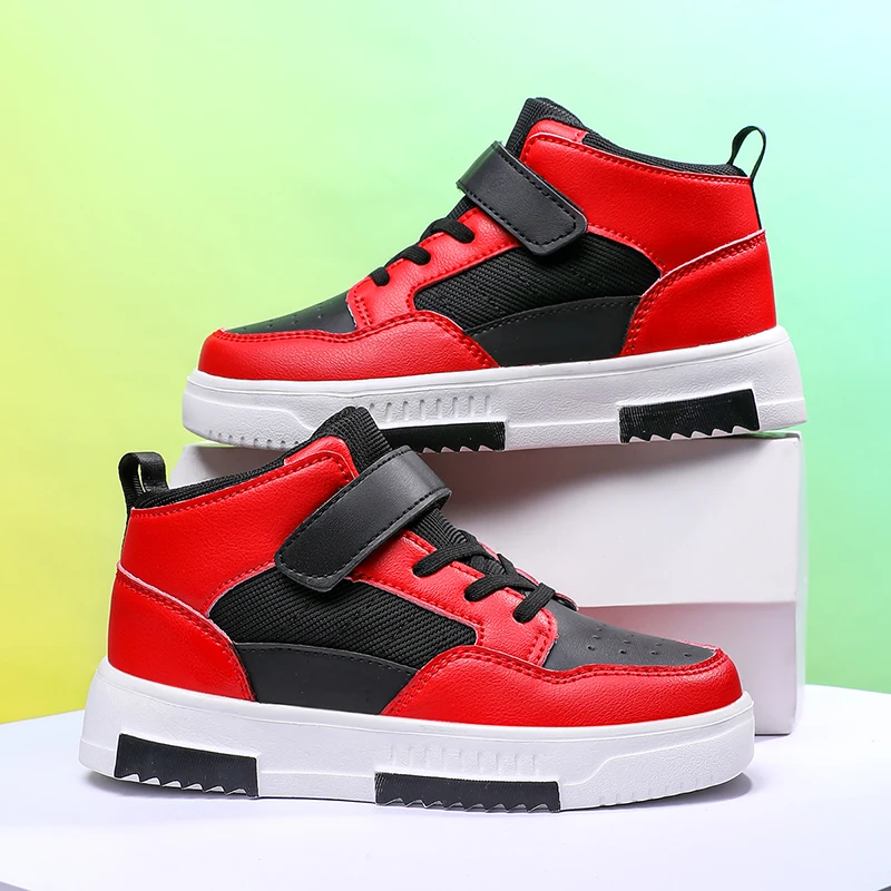 

Fashion Red Sneakers Kid Leather Skate Shoes Casual Platform High Top Sneakers For Boys Hook Loop Children's Skateboarding Shoes