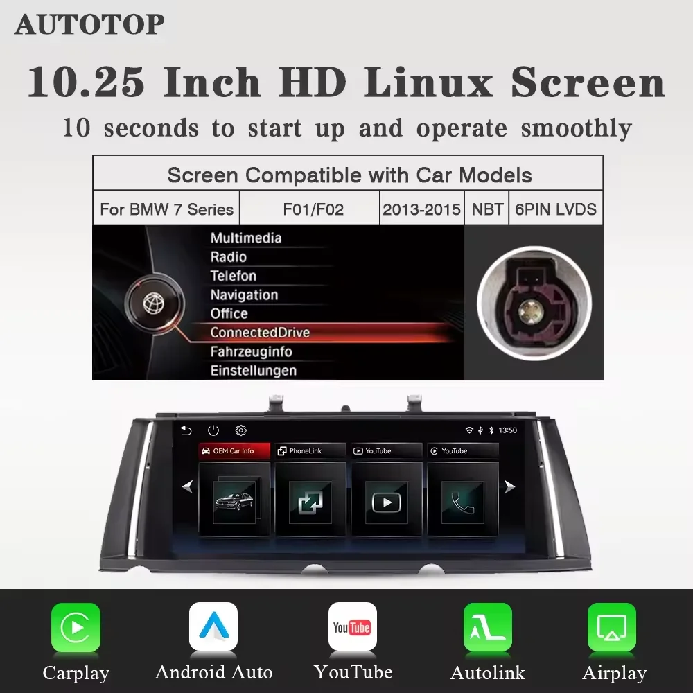 10.25“ Draadloze CarPlay Android Auto Auto Multimedia Speler voor BMW 7 Serie F01 F02 F03 F04 CIC NBT voor YouTube BT GPS Radio