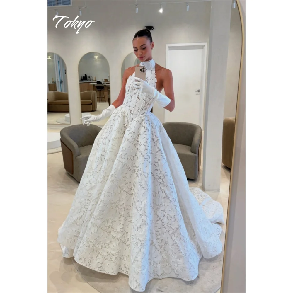 Tokyo Customized White Halter Neck Wedding Dresses Detachable Sleeves Backless A-Line Bridal Gowns Court Train Wedding Gowns