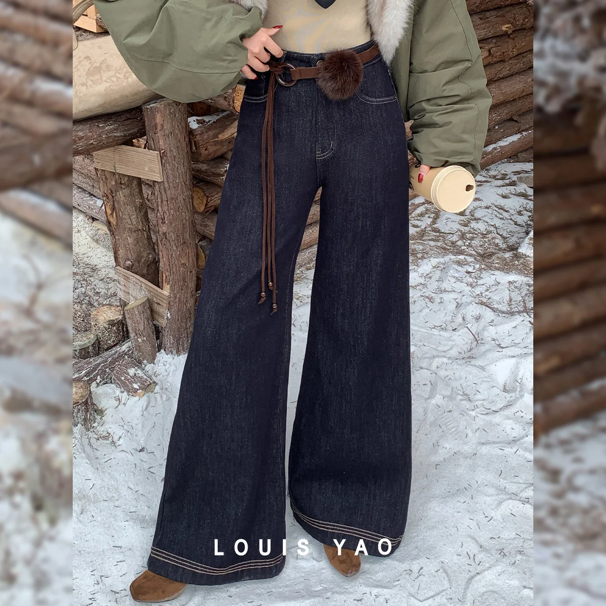 

Джинсы LOUIS YAO женские ретро, расклешенные, 2026, осень/зима, высокое качество, удлиненные, стрейч, на флисовой подкладке, утолщенные, ковбойские брюки