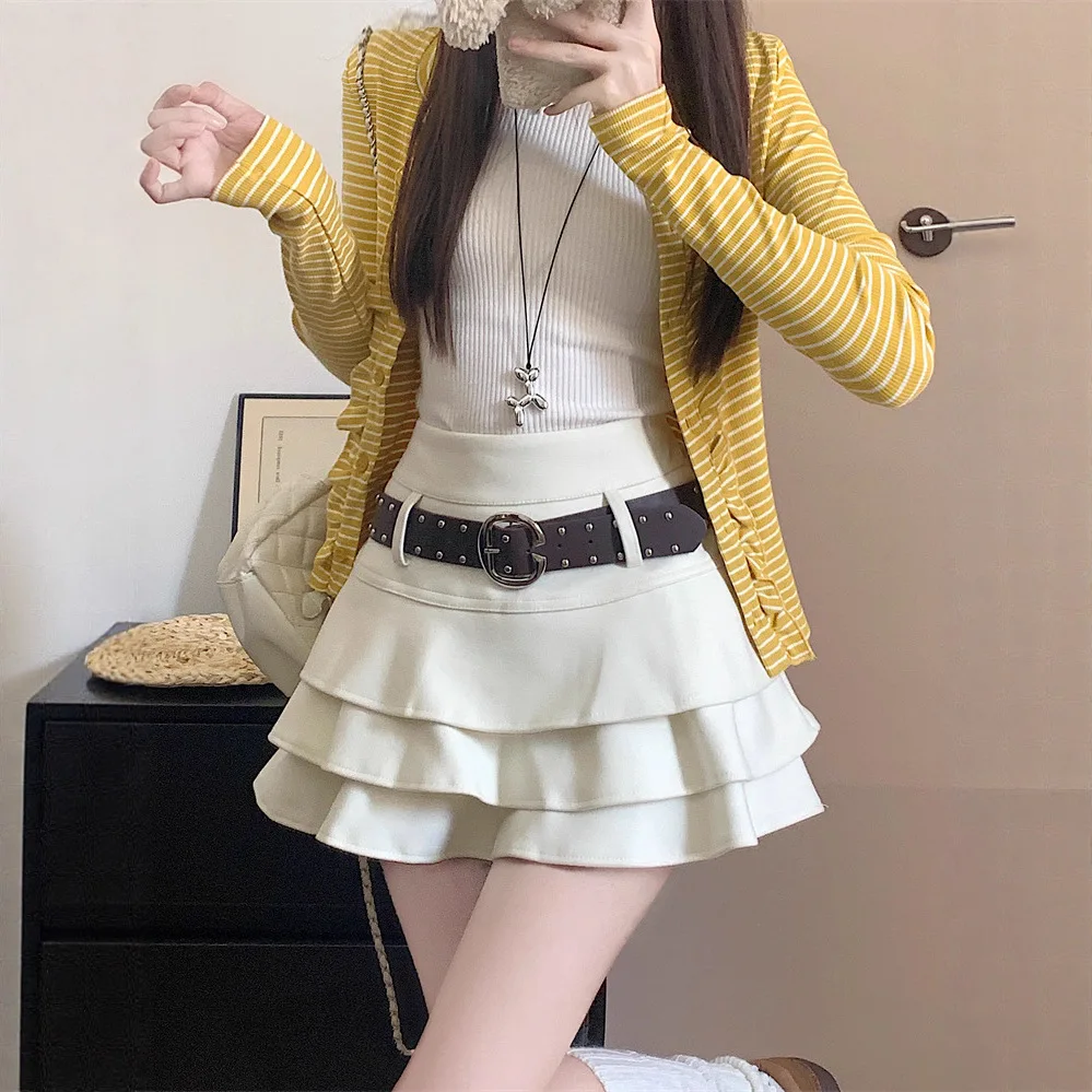 Falda de pastel de lana dulce para mujer, Falda corta plisada de cintura alta con volantes antideslumbrantes, corte en A, otoño e invierno