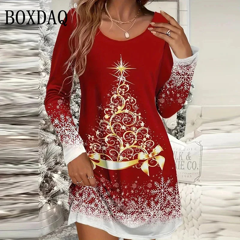 Women Red Christmas Party Dress Casual Christmas Snowflake Wine Glass Santa Claus Print Mini Dress Long Sleeve Fall Woman Dress