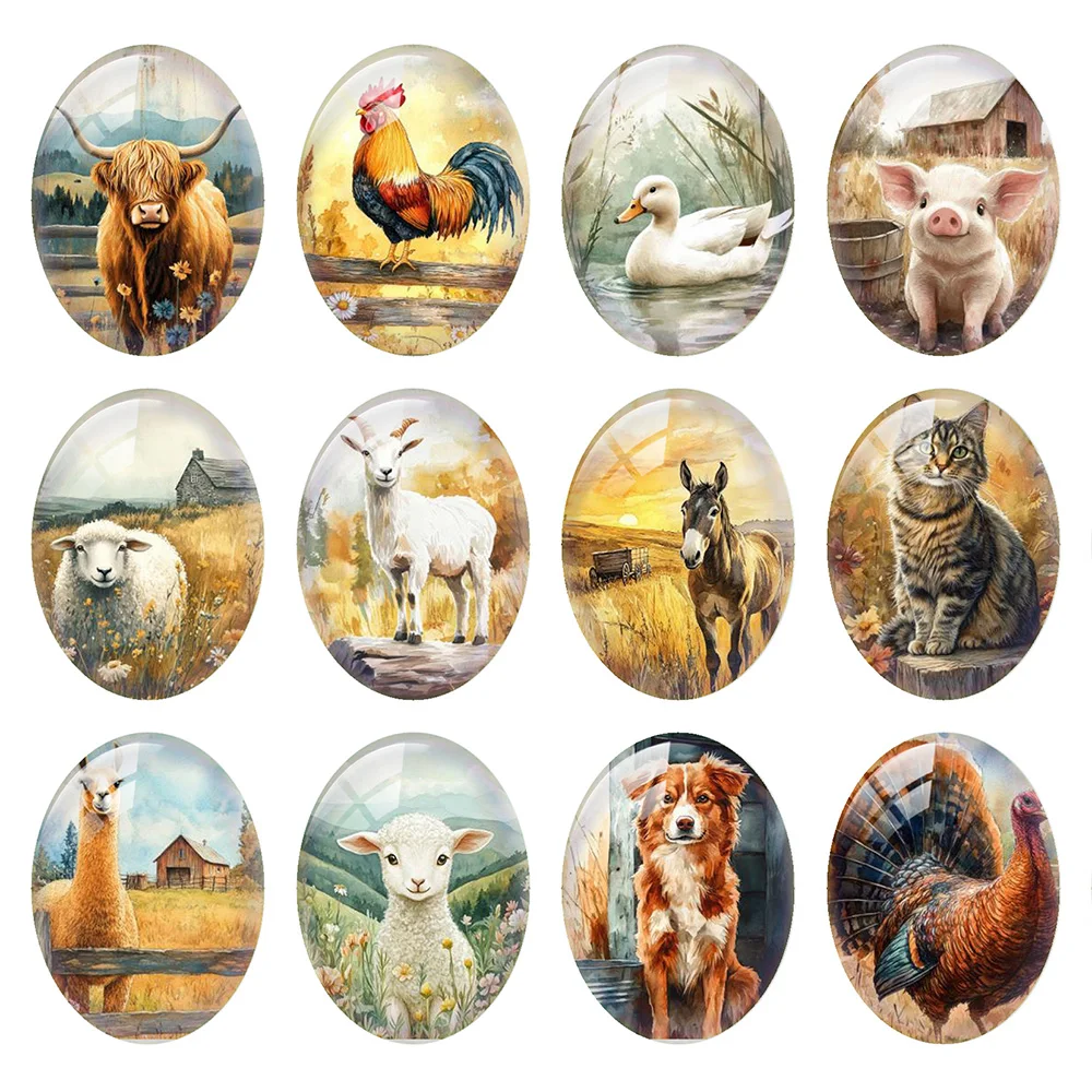

10pcs/lot Cute Animals Autumn Fall Rabbit Harvest Cow Farmhouse Oval Photo Glass Cabochon Flatback Demo Cameo Diy Jewelry Making