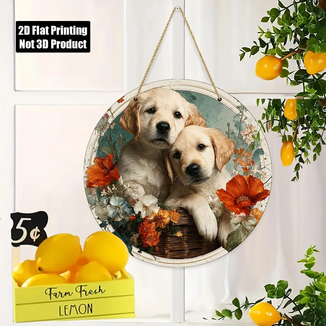 2D Flat, 1pc Vintage Golden Retriever Puppies Wall Plaque - Artificial Wood Round Hanging Decor with Basket & Floral Design, 3.1