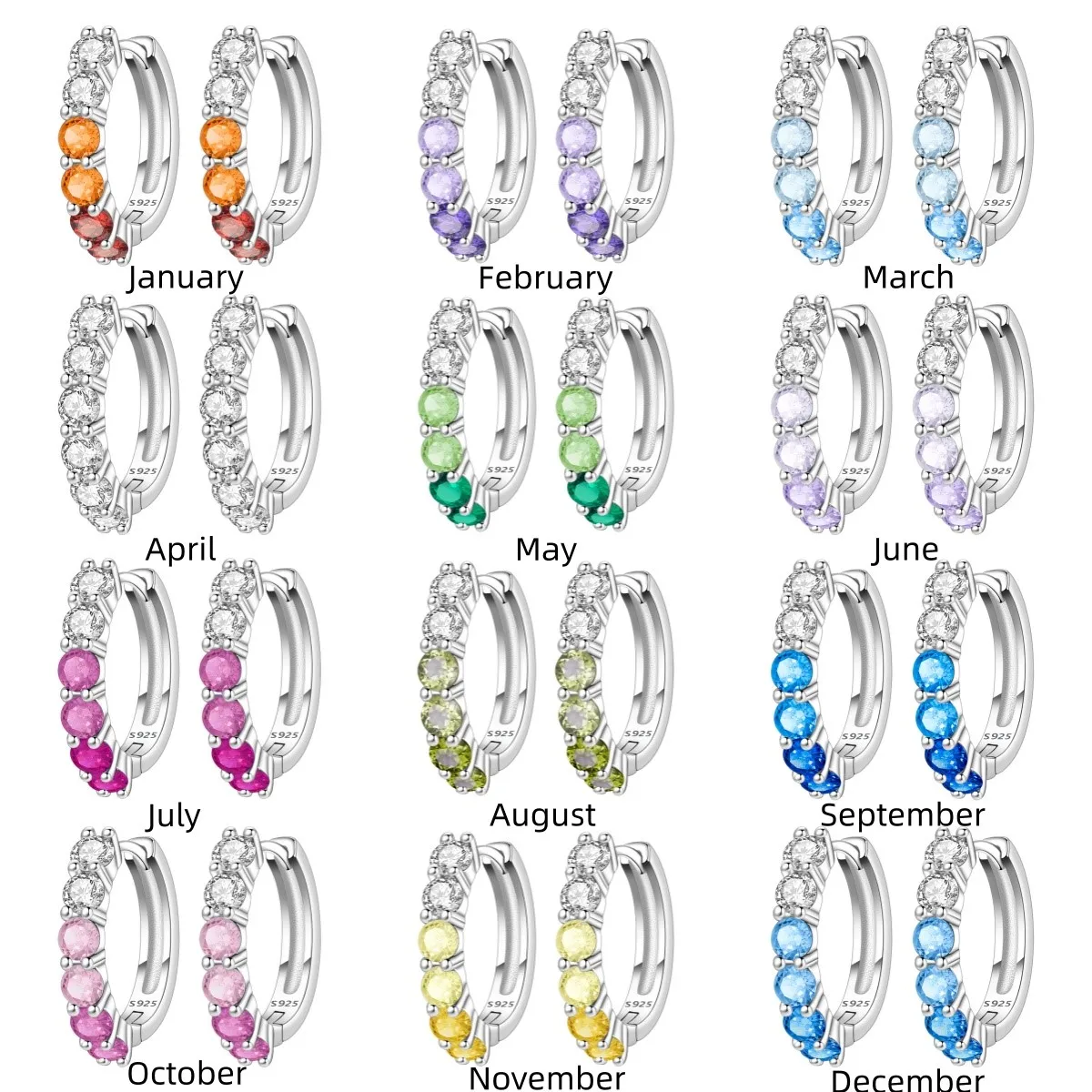 MISEFF S925 Sterling Silver Earrings Multi-coloured Birthstone 12 Months Lucky Colour Fashion Women's Earrings Jewellery Gift