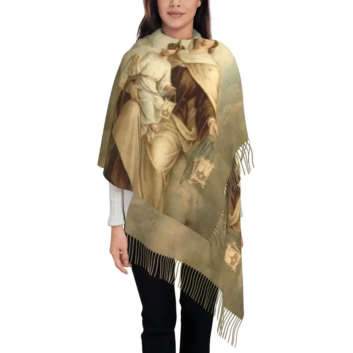 Our Lady Of Mount Carmel Scarf Women Men Stylish Winter Shawl Wraps Catholic Virgin Mary Tassel Wraps