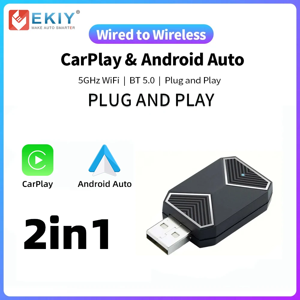 EKIY 2in1 Plug and Play Wireless CarPlay Adapter Wireless Android Auto Smart AiBox For Car Radio with Wired CarPlay/Android auto