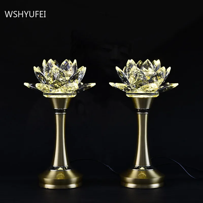 

2pc Crystal Lotus Simulated Candlestick Ornaments Charge Candle Holder Buddha Hall Worship Home Decoration Buddhist Supplies