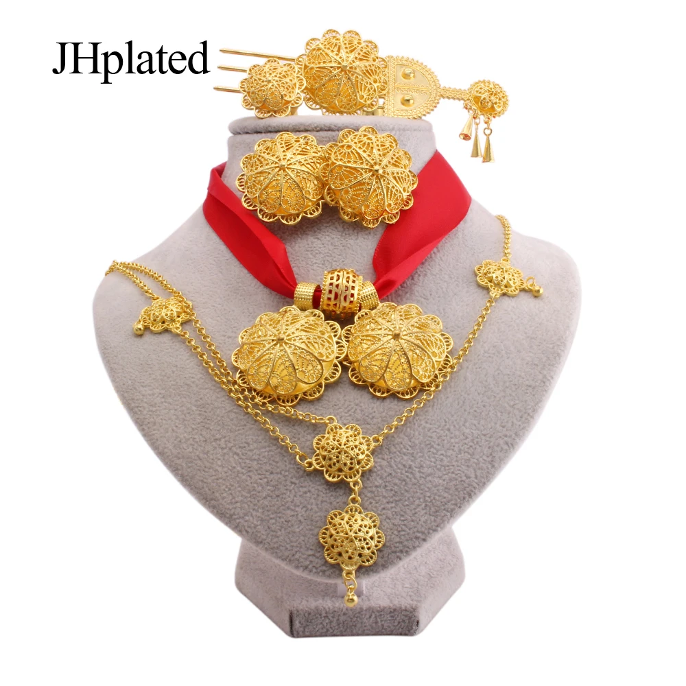 Ethiopian gold plated Jewelry sets earrings hairpin necklace bracelet rings African wedding gifts India Black rope set for women