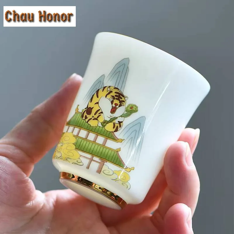 80ml Creative Zodiac Tiger Teacup Retro Dehua White Porcelain Gold Set of Cups Master Cups Green Tea Tea Items Accessories Craft