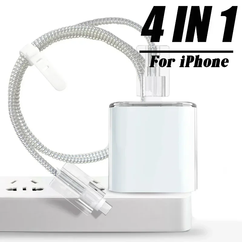 Phone Charger Case for Apple IPhone 18W 20W Power Adapter Transparent Soft TPU Data Cable Protectors Wire Winder Organizer Ties