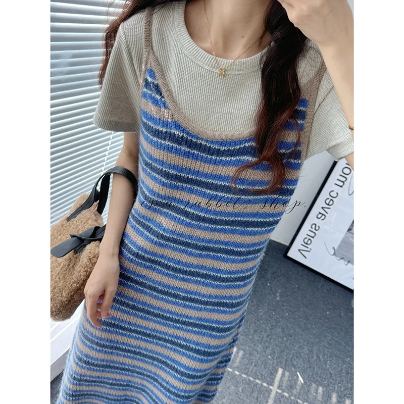 

Spring 2024 AAMY Women's Knitted Stripe Wrap Dr Slim Fit Casual Sle U-Ne Long Skirt Svel Dr