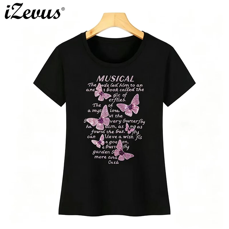 diamond craft new flash diamond butterfly letters high quality women's summer short-sleeved casual t-shirt s-4xl