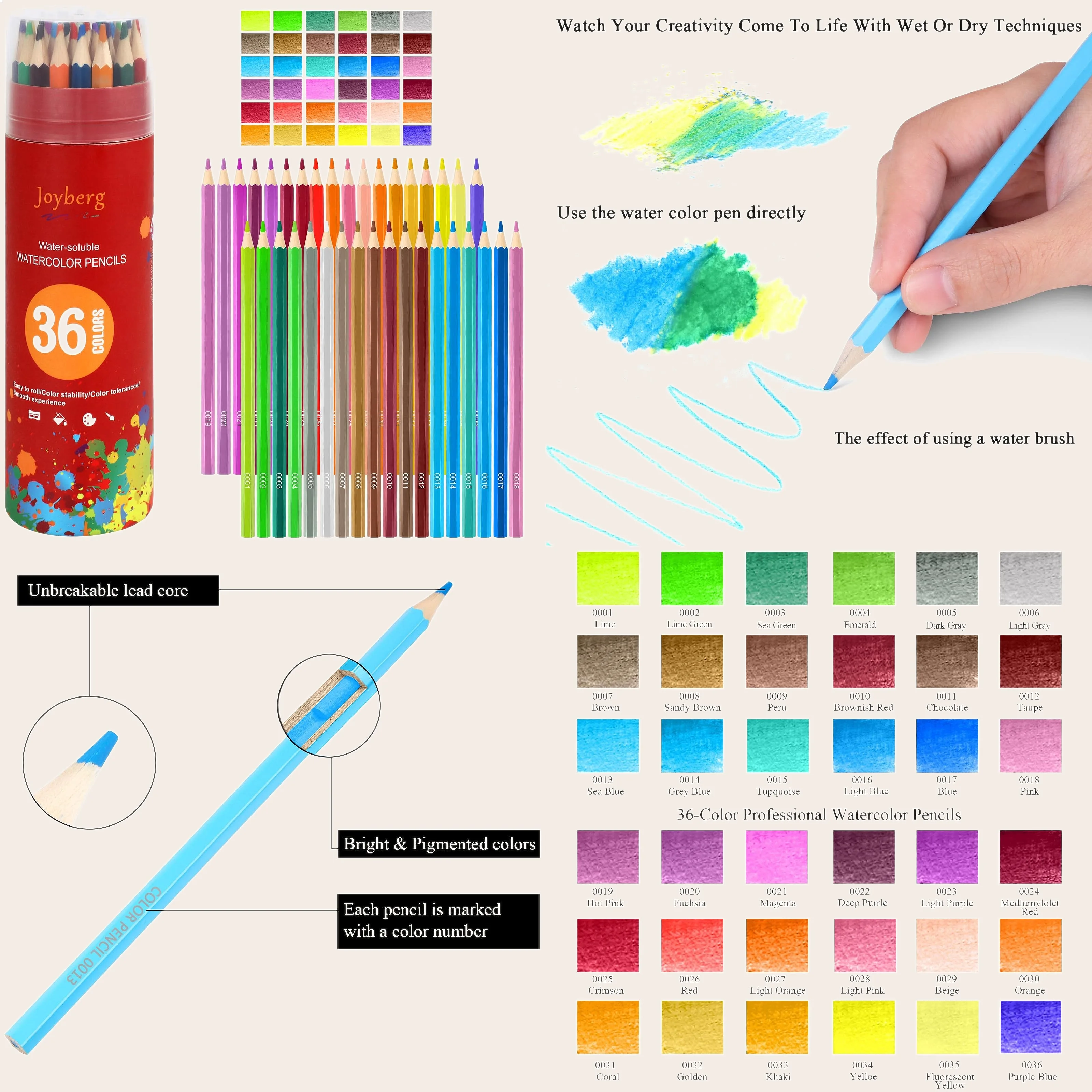 Water Color Pencils 36 Set, Professional for Adult Coloring, Sketching & Painting