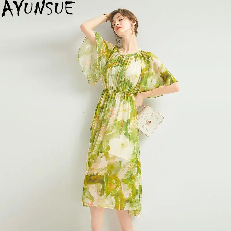 AYUNSUE 100% ผ้าไหมหม่อนแท้ชุดสตรี 2025 Elegantชุดผู้หญิงฤดูร้อนเสื้อผ้าLong Beach Dres Vestido De Mujer