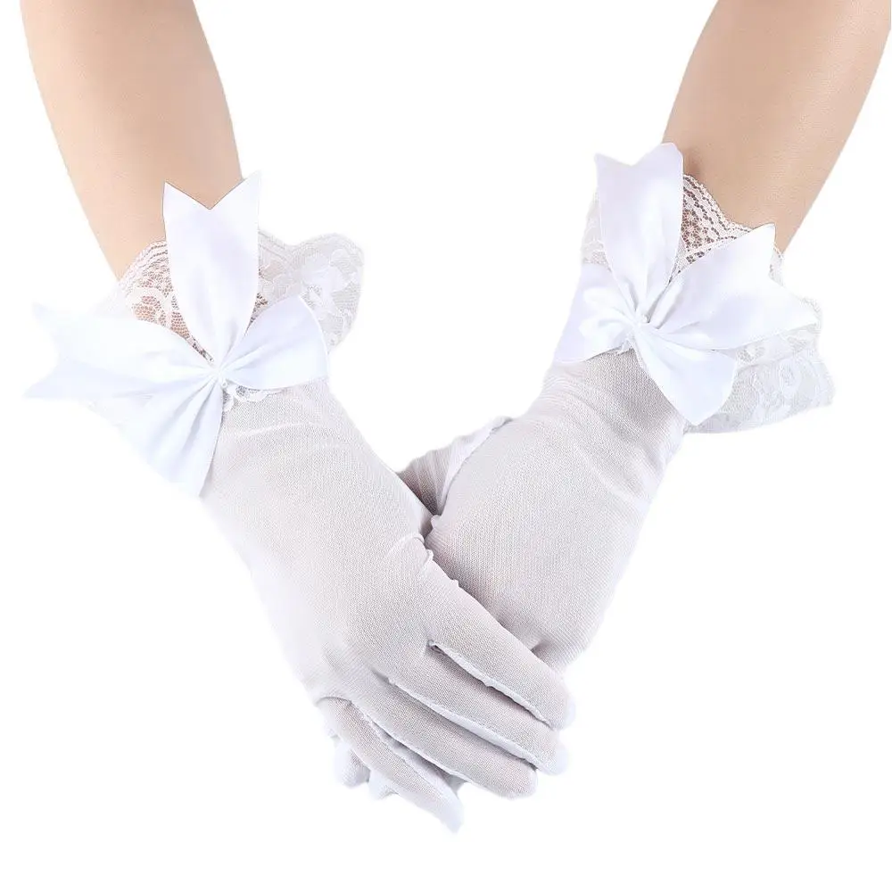 Black White Ladies Parties Cosplay Accessories Wrist Gloves Bride Mittens Lace Gloves Mesh Gloves Large Bownot