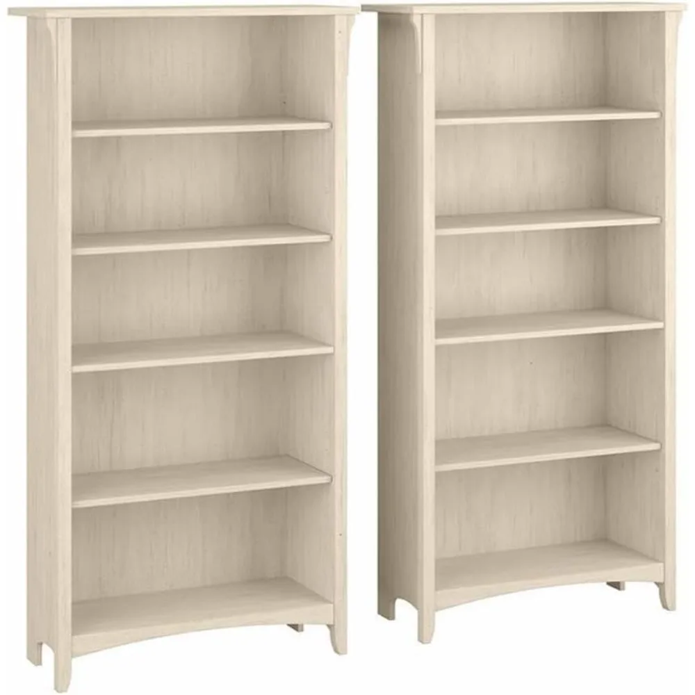 Bush Furniture Salinas 5 Shelf Bookcase - Set of 2 | Large Open with Shelves in Antique White Sturdy Display Cabinet for Library