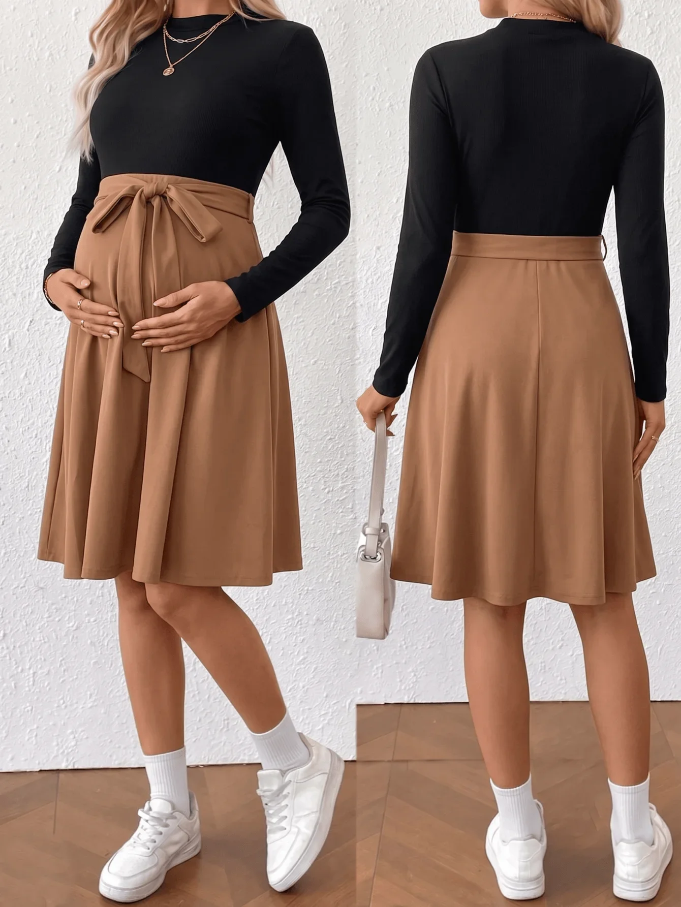Maternity casual waist long-sleeved dress autumn and winter versatile daily comfortable long dress maternity wear