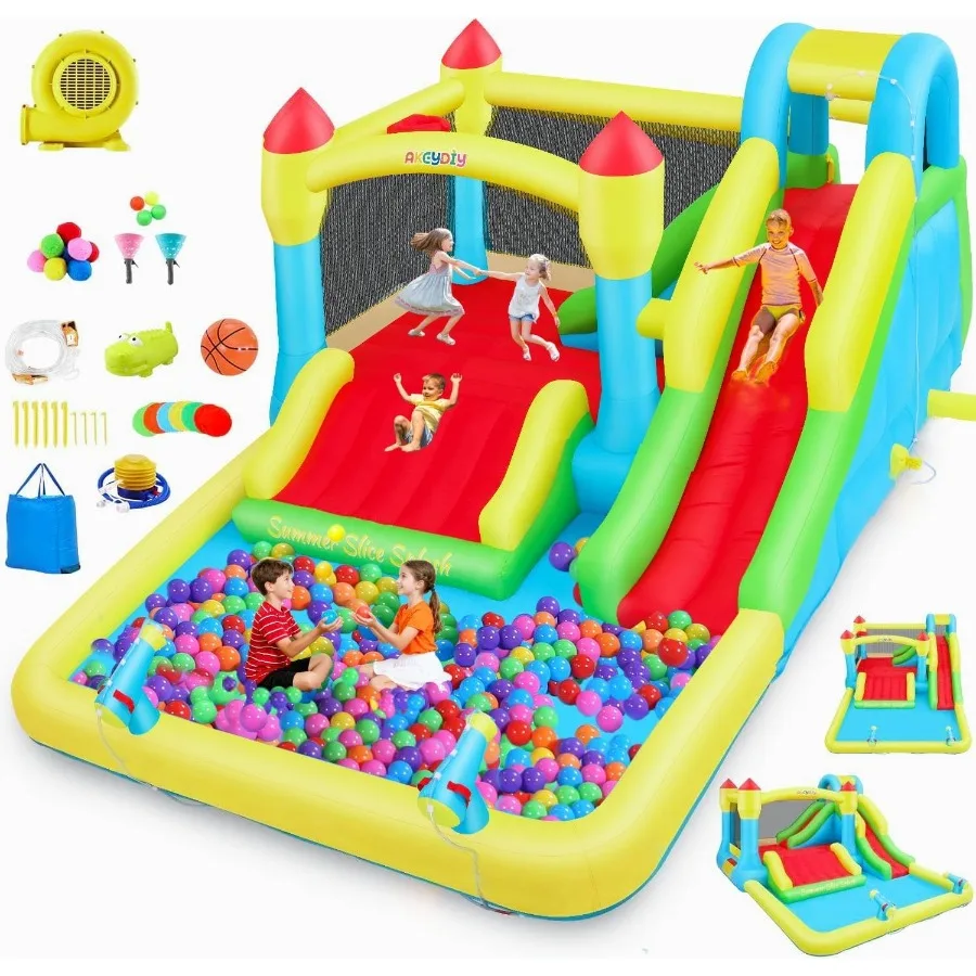 

AKEYDIY Bounce House Water Slide for 3-12 - Outdoor/Indoor Inflatable Water Bounce House with 3 Slides Climbing Wall Ball Pit J
