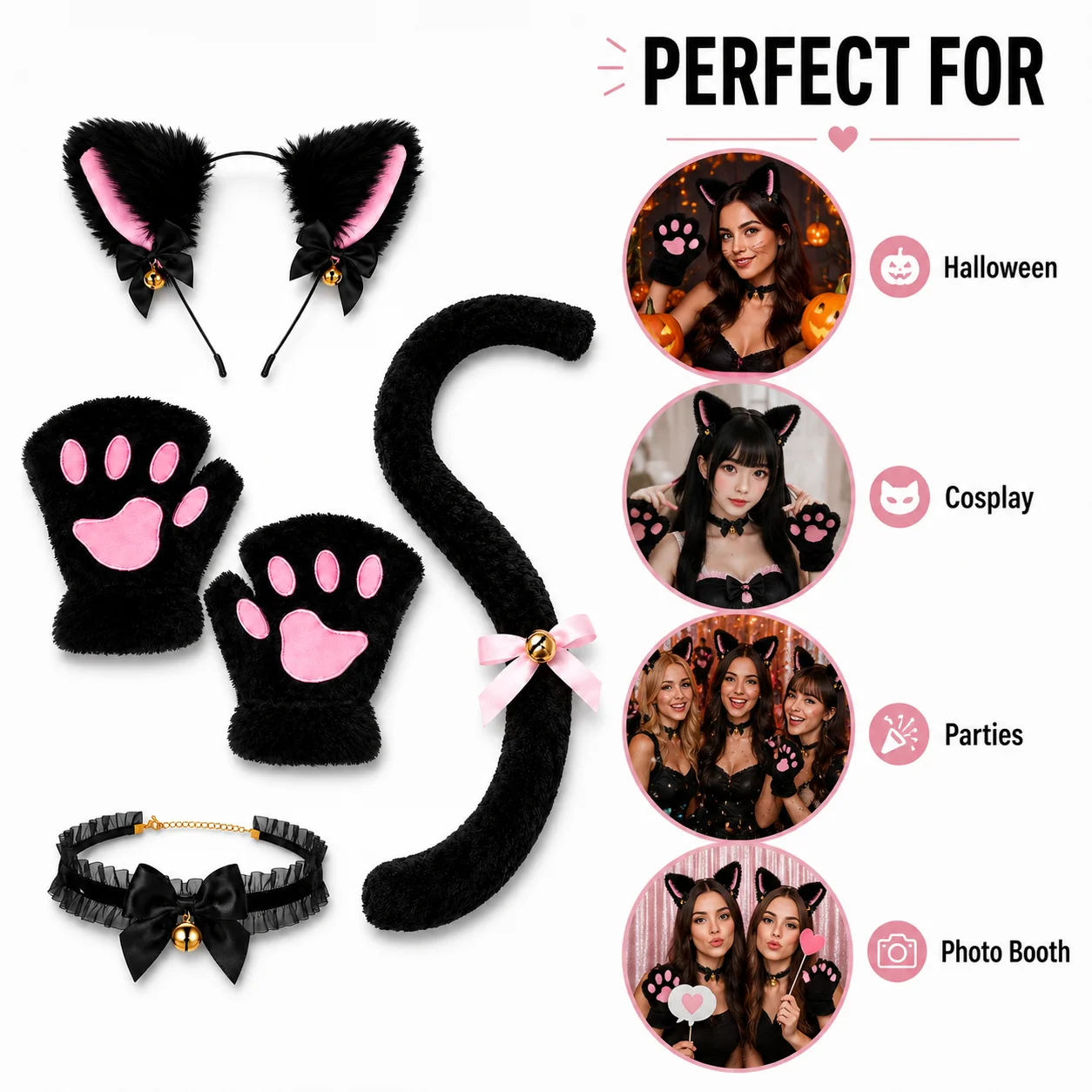 Halloween-Katzenkostüm-Zubehörset, Plüsch-Ohr-Stirnband, Pfotenhandschuhe, Glöckchen-Halsband & Schwanz, Schwarz/Rosa Cosplay-Party-Outfit – Detail 5