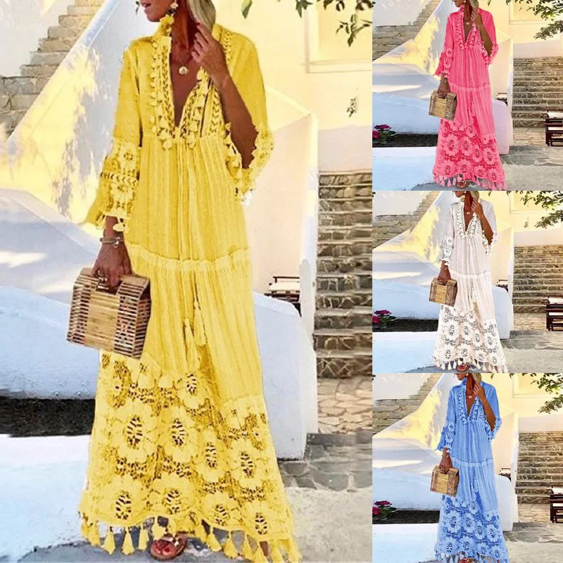 

Dress Long Dresses Women Beach Lace Floral Tassel V Neck Full Sleeve Slim Fit Solid Casual A Line Vestidos Elegant Splice