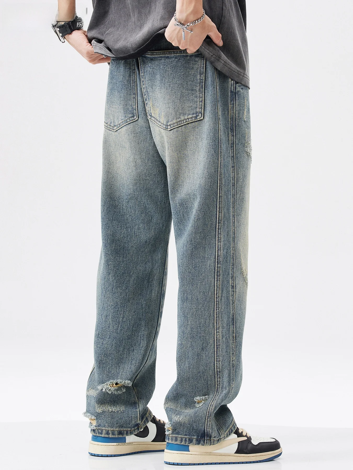 

Retro American Sle Loose Straight Leg Men's Jeans High Street Trendy Brand Summer Hole Punching Wide Leg Pants