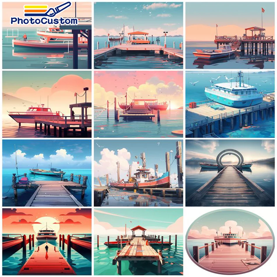 

PhotoCustom Oil Painting By Numbers Ship View Acrylic Paint For Adults Diy Craft Kits On Canvas Coloring Drawing By Numbers Home