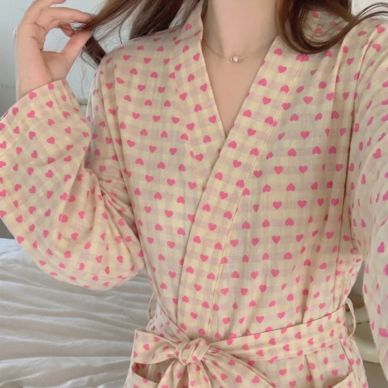 Women's Robe High-Quality Casual Heart Print Long Sleeve Pajamas Spring, Autumn, Summer Mid-Length Robe Bathrobe Nightdress