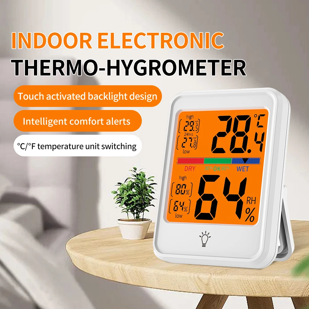 Portable Indoor Electronic Digital Temperature Humidity Meter With Backlight -20~70℃ (-4~158℉) 10~99% Rh Wall Mounter/stand