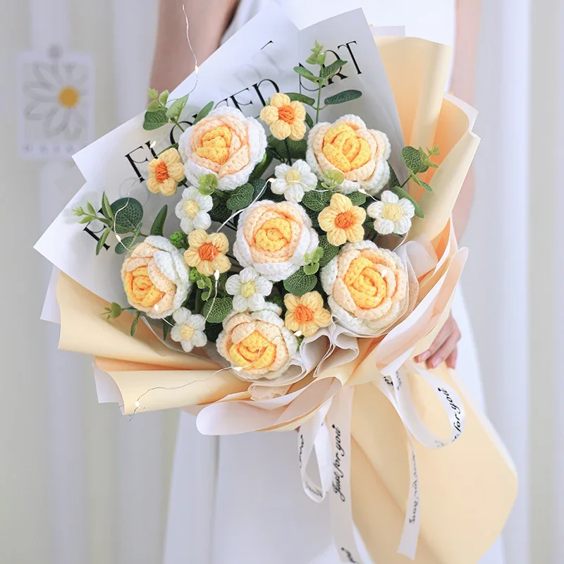 Creativity Birthday Gift DIY Weaving Knitting Roses Sunflowers Carnations Yarn Bouquets Hand-held Flowers for Girlfriend Mothers