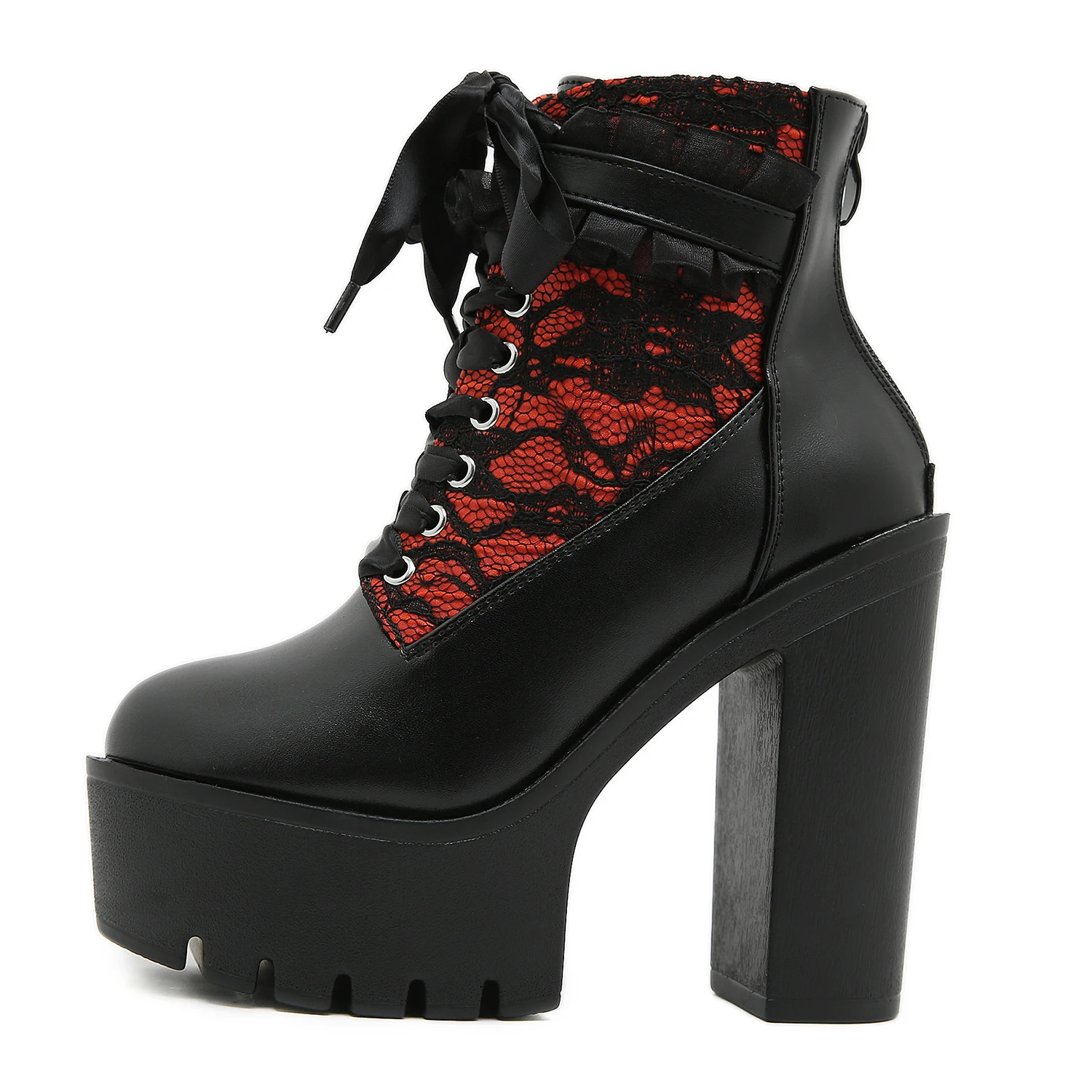 Gdgydh Gothic Lace Patchwork High Heel Ankle Boots for Women Vintage European Style Zipper Closure Chunky Platform Boots Red